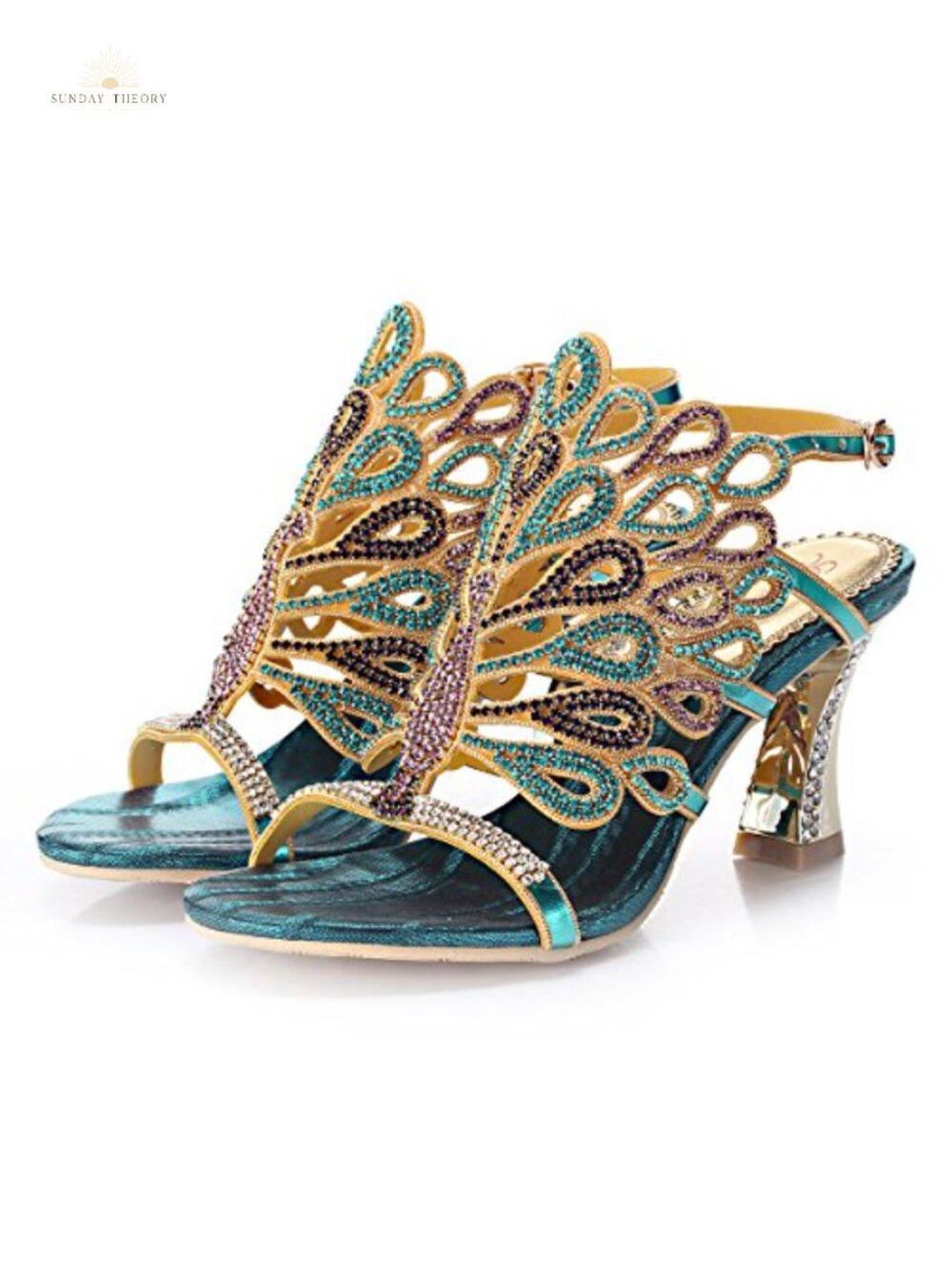Rhinestone Peacock Patterned Handmade Sandals Chunky Heel Women's